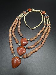 Vintage Carnelian Multi Strand Necklace, Triple Heart Pendant, Faceted Orange