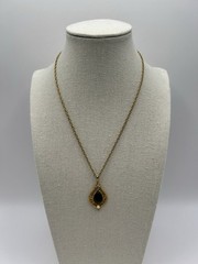 Vintage Green Jade Diamond Cultured Pearl Filigree Gold-tone Pendant Necklace