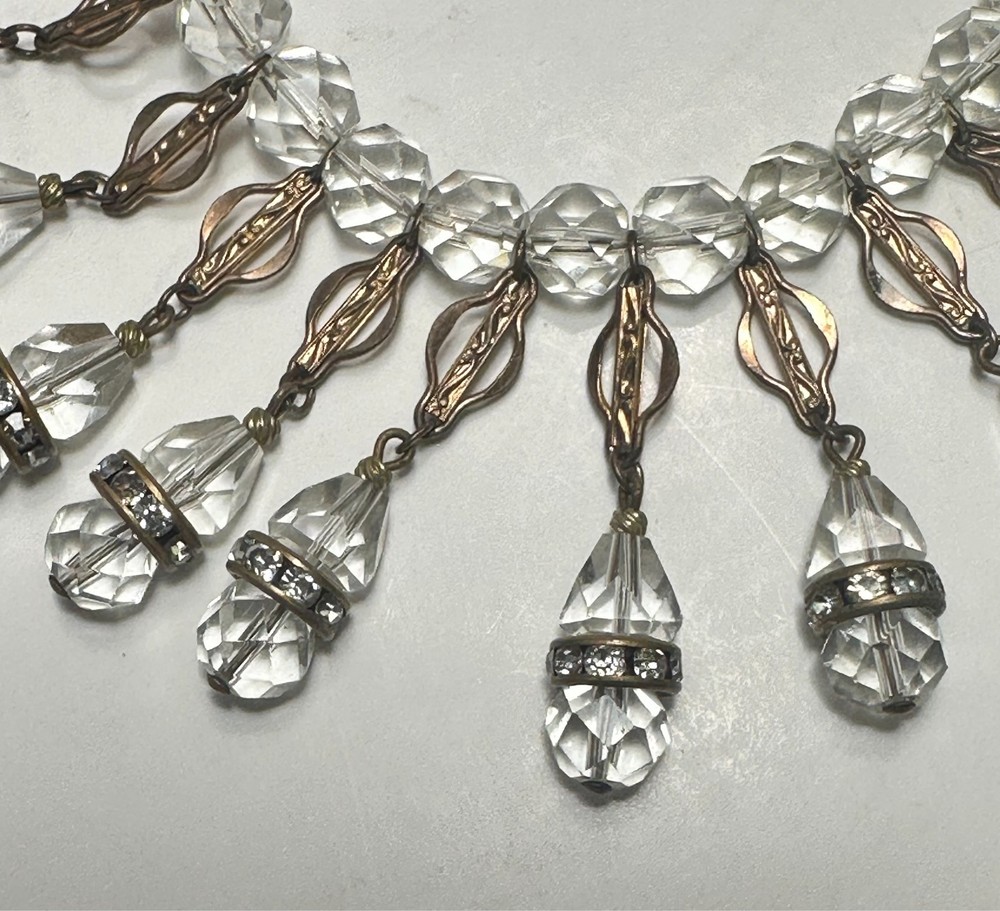 VINTAGE AURORA BOREALIS CRYSTAL RHINESTONE WATERFALL GOLD TONE NECKLACE