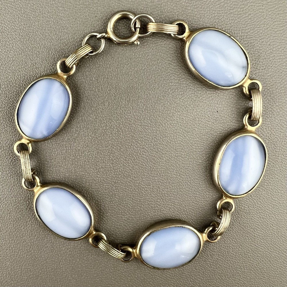 Vintage MCM Bracelet Blue Cat Eye Gold Tone Link 7”