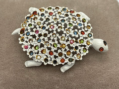 Mod White enamel Multi-color Rhinestone Flower shell Turtle Brooch