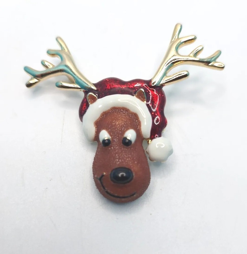 Vintage Reindeer Santa Hat Glitter Enamel Retro Christmas Pin Brooch Danecraft