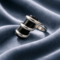 Black Onyx Ring Sterling Silver Modernist Cylinder Geometric Wrap Statement 925