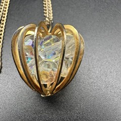 Vintage Pendant Necklace Aurora Borealis Crystal Bead Cage Gold Tone 24”