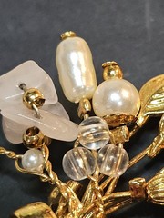 Vintage Floral Spray Brooch Gold tone Faux Pearls Pink Stone Chips Delicate Pin