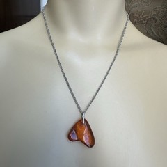 Vintage Pendant Necklace 18 Inch Baltic Amber Gem Polished 925 Sterling 6.9g