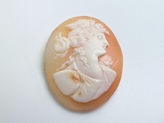 Vintage Loose Hand Carved Shell Cameo Woman with Bird on Head 1 1/8 Inch x 7/8In