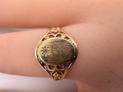 Antique 10K Yellow Gold Signet Ring With Diamond In Sun, Size 5.5 PSCO Filigree