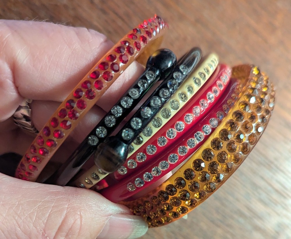 Antique/vintage celluloid rhinestone bracelet lot -5 RED BLACK ORANGE WHITE DECO