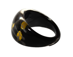 Vintage Black with Gold Dots and Gold Stripes Lucite Ring Size 7.5