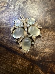 Vintage Joseph Mazer Jomaz Golden Ridged Moonstone Cabochon & Rhinestone Brooch