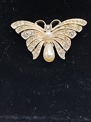 Vintage Butterfly Brooch Faux Pearl and Rhinestone Open Work Design.Silver Tone