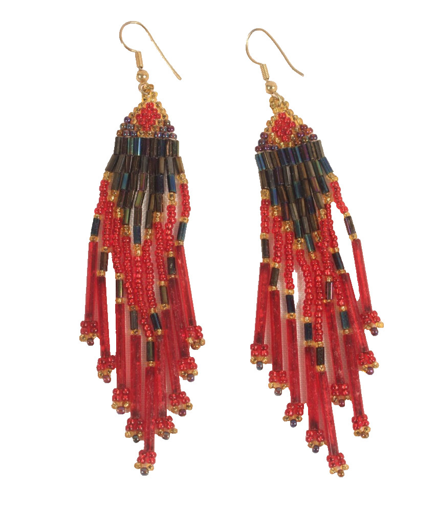 Vintage Red Beaded Dangle Earrings 3.5 Inches Long