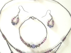 VTG Artisan Silver Tone Violet Purple Glass Necklace, Bracelet, Earrings Set
