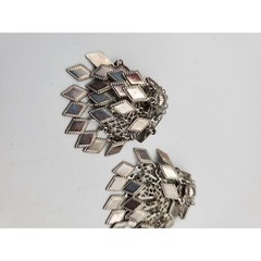 Silver tone diamond shape metal clip on dangle drop earrings 1 3/4″