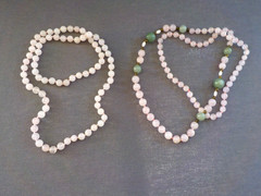 Light Pink Quartz & Green Stone (2) Single Strand Necklace Knotted Bead No Clasp