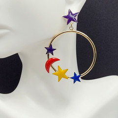 Stars Crescent Moon Colorful Enamel Metal Gold Tone Round Hoop Pierced Earrings