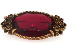 Vintage Gold Tone Brooch — Red Cabochon & Floral Scrollwork