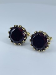 Red Glass cufflinks Faceted round prong set open gold tone 1-1/8″