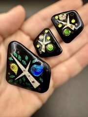 1950s/60s Enamel on Copper 3 Piece Studio Jewelry Set MCM Birds Trees Sunburst