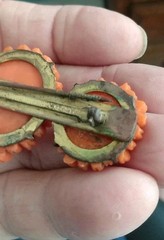 Antique Red / Orange Coral Color Czech Glass Pin / brooch carved chrysanthemum