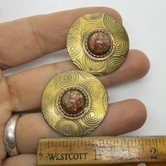 Vtg Big Modernist Mixed Metals Brown Stone Cabochon Statement Earrings Clip-on