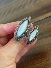 Marcasite Sterlling Silver Chunky Double Mother of Pearl Stone Ring, Size 8