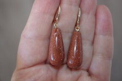 Handmade 14K Carved Large Sunstone Tear Drop Lever back Earrings
