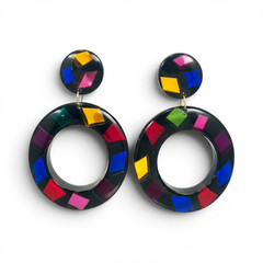 Vintage 80s Black Lucite Resin Confetti Dangle Earrings