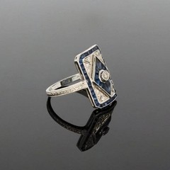 Art Deco Style Round Lab Created Diamond&Sapphire 14K White Gold FN Wedding Ring