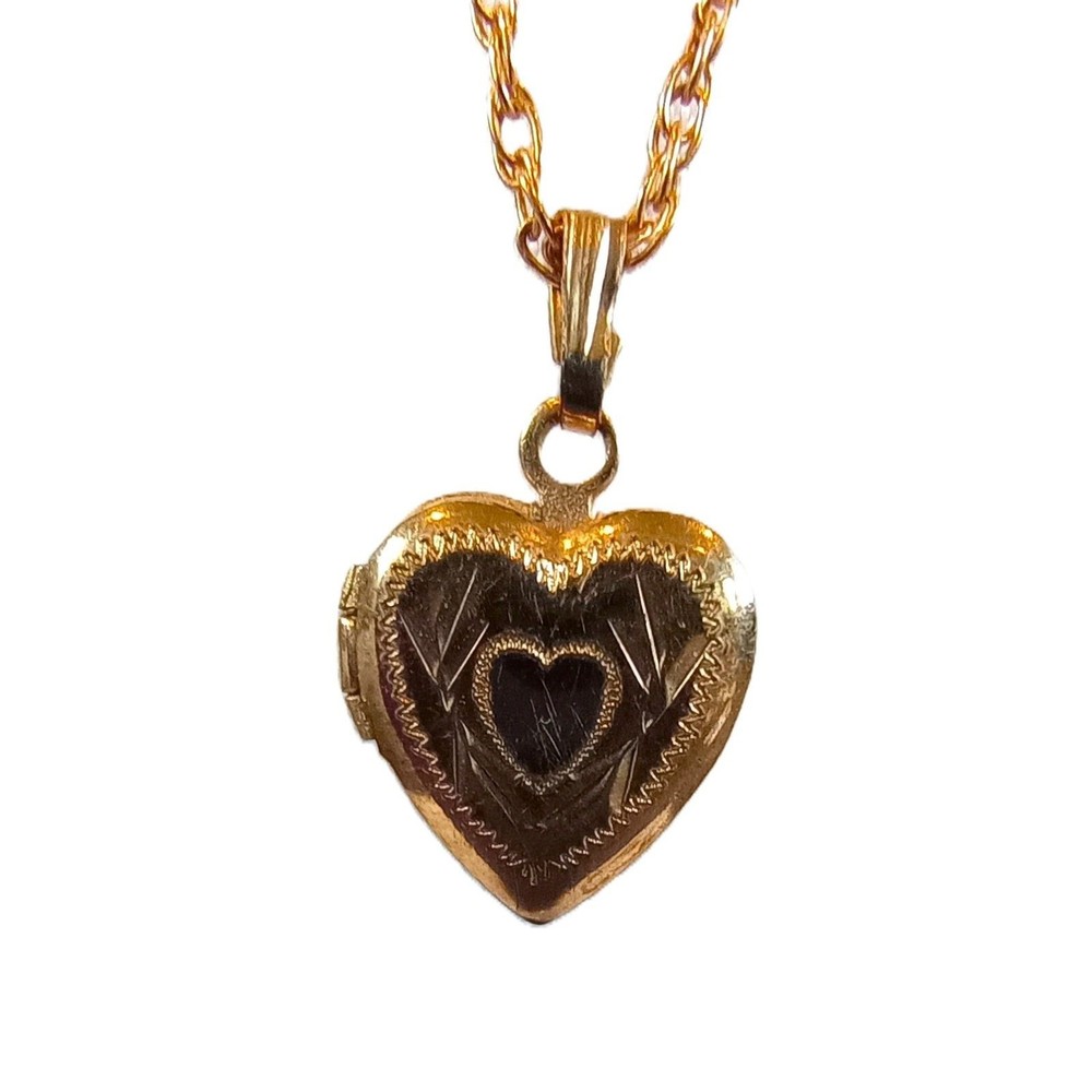 Heart Dainty Locket pendant necklace 14K gold filled etched small 0.5″ inches