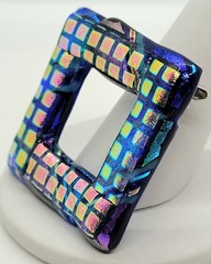 Dichroic Glass Brooch Fused Lampwork Abstract Cobalt Blue Iridescent Open Square