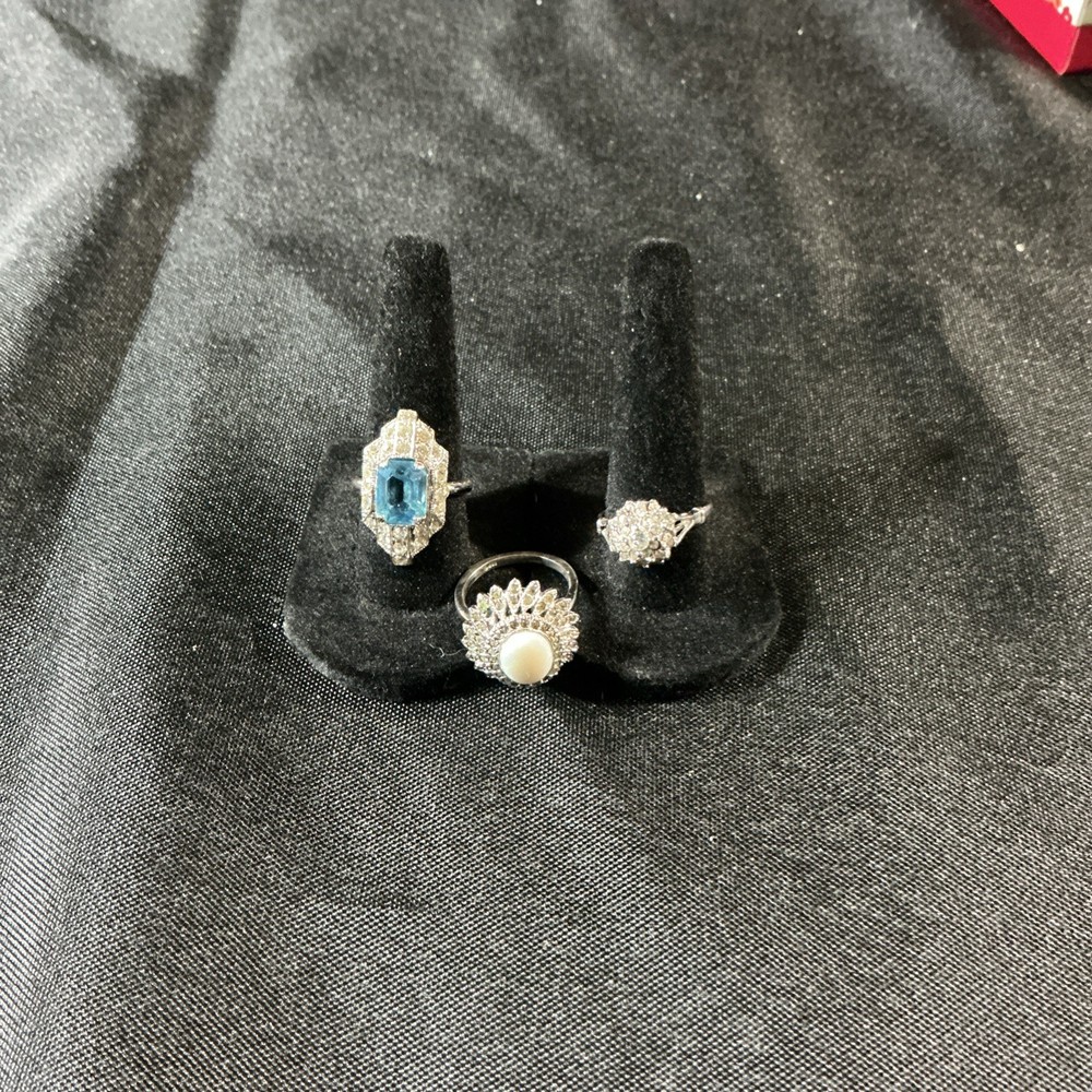 3 Vintage Silver Toned Rings. Sz 7.5 Two Cluster One Art Deco Style