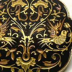 Vintage Spanish Damascene Gold Black Double Bird Two birds Brooch Trombone Clasp