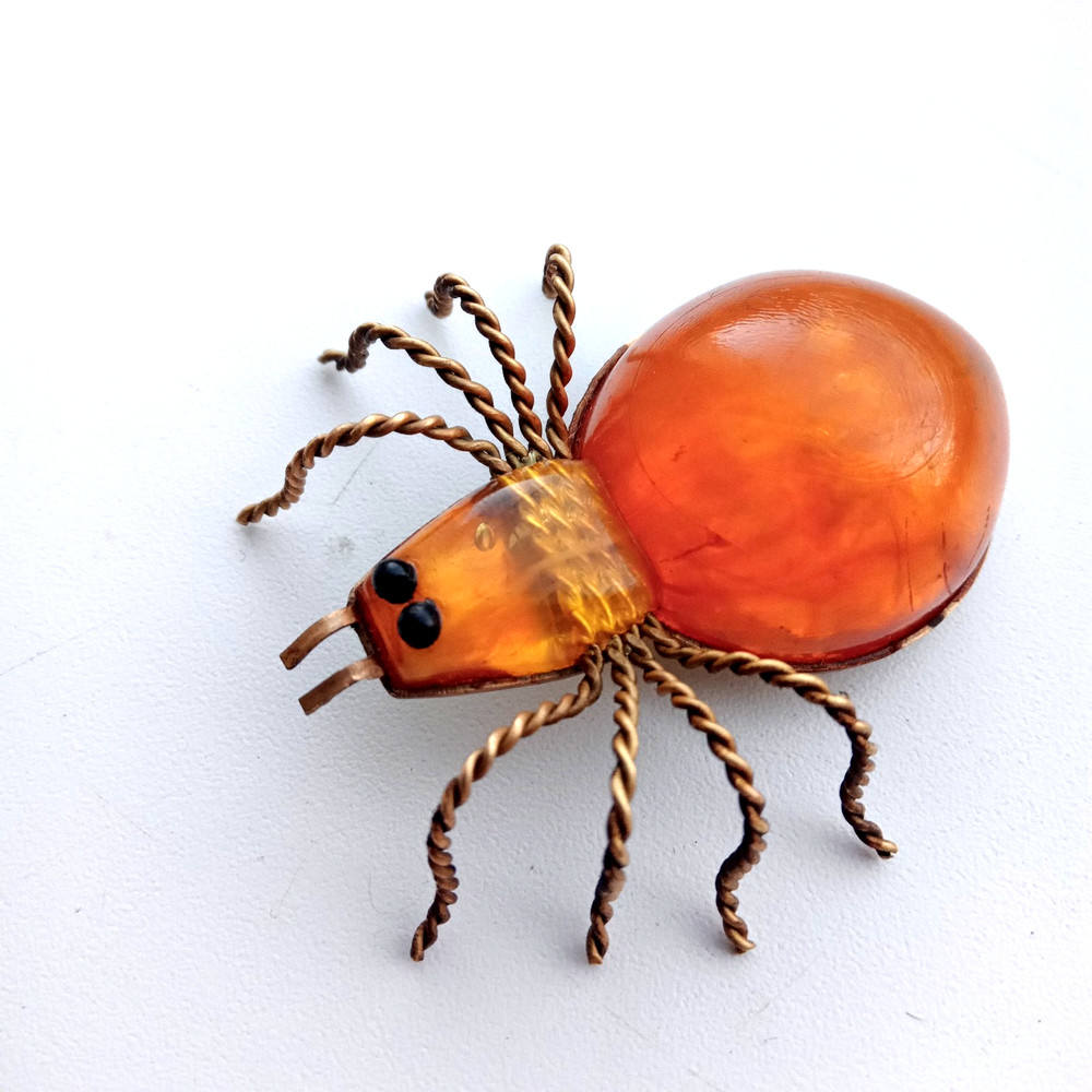 Vintage Spider Brooch Amber Color Resin. Made in the USSR