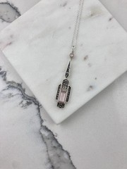 Vintage 925 Sterling Silver Pink Mother Of Pearl Marcasite Deco Pendant Necklace