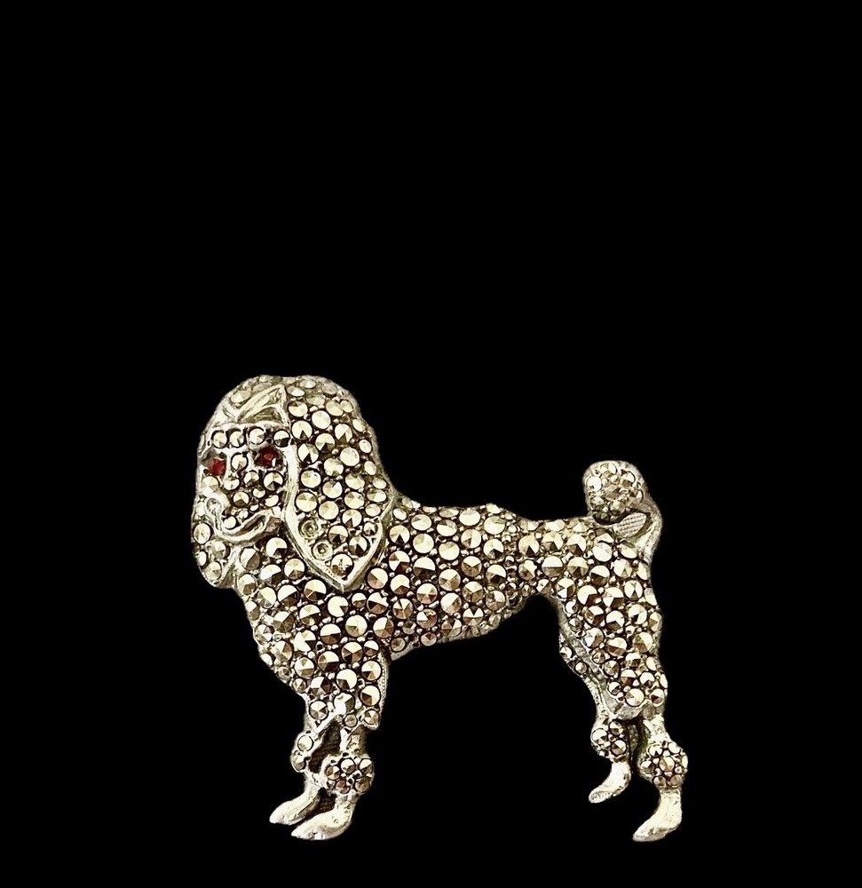 VTG Sterling Silver Marcasite Poodle Dog Hallmarked England~Red Eyes~1950s~19g