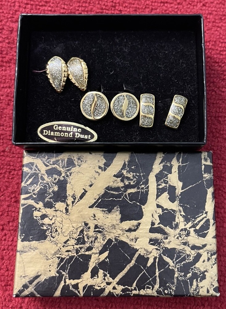 Vintage Diamond Dust Clip On Earrings Jewelry Set Of 3 Gold Tone 80s