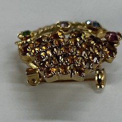 Vintage Flower Basket Rhinestone Brooch Pin Gold-Tone Multicolored MCM