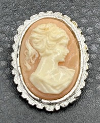 Vintage Cameo Shell Filigree Brooch Pin Silver Tone Woman Portrait