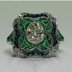 Art Deco Style Lab Created Diamond Emerald Engagement Ring 14k White Gold FN