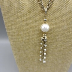 Vintage Tassel Necklace MCM Simulated Pearl Gold Tone 22 Inch