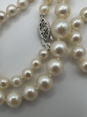 Vtg. 19” Mid-Century Graduated Cultured Akoya Pearl Necklace 14k clasp 4.2-8mm