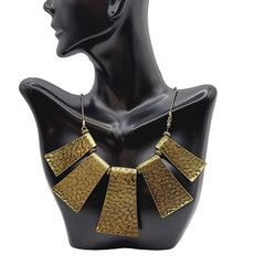 Exotic Hammered Style 5 Metal Plate Bib Necklace Brutalist Cleopatra Look 21 In