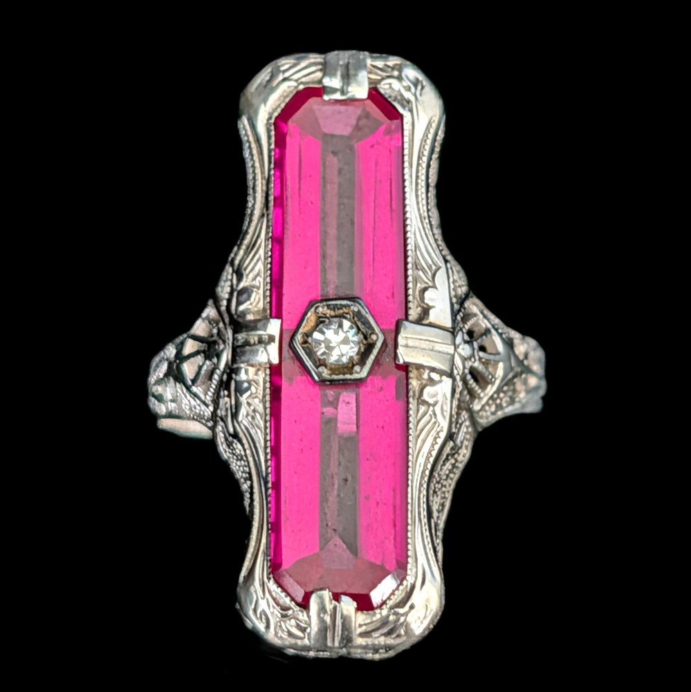 1920s Art Deco Diamond Lab Created Ruby 14 White Gold Cocktail Ring Antique
