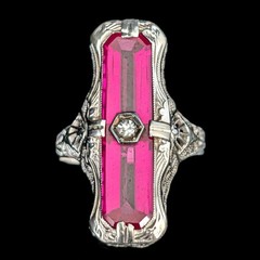 1920s Art Deco Diamond Lab Created Ruby 14 White Gold Cocktail Ring Antique