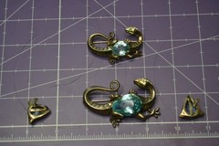 REJA Sterling SALAMANDER LIZARD Brooch Earrings AQUA GLASS BELLY Vtg Set Signed