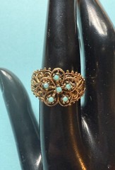 Vintage Blue Glass Turquoise Color Filigree Flower Adjustable Gold Tone Ring