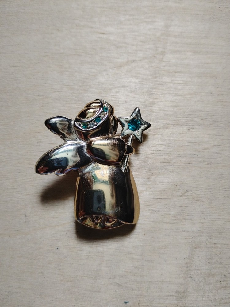 VTG Angel Brooch Two Tone Gold/Silver Green Crystal Star Wand Halo Wings 1.75″