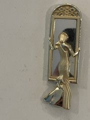 Vintage Brooch Lot, Lady In Mirror, Brass, Blue/ Red Glass, Delft Holland